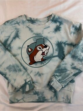 Buc-ee's Crew Neck L/S Sweater Youth Small Bleached Tie Dye Blue Teal Logo - 513